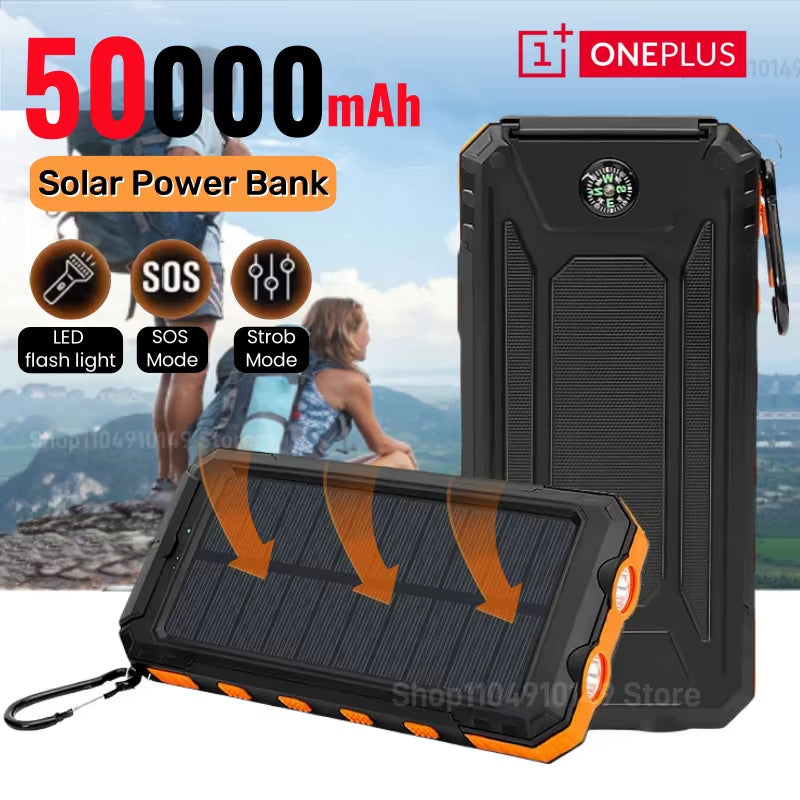 Solar Power Bank 50000Mah Large Capacity Fast Charge Charger Lanyard Compass External Battery Outdoor Backup Powerbank