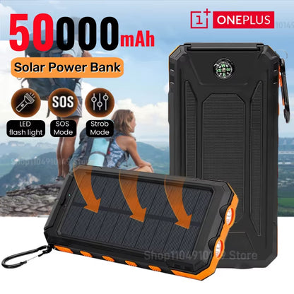Solar Power Bank 50000Mah Large Capacity Fast Charge Charger Lanyard Compass External Battery Outdoor Backup Powerbank